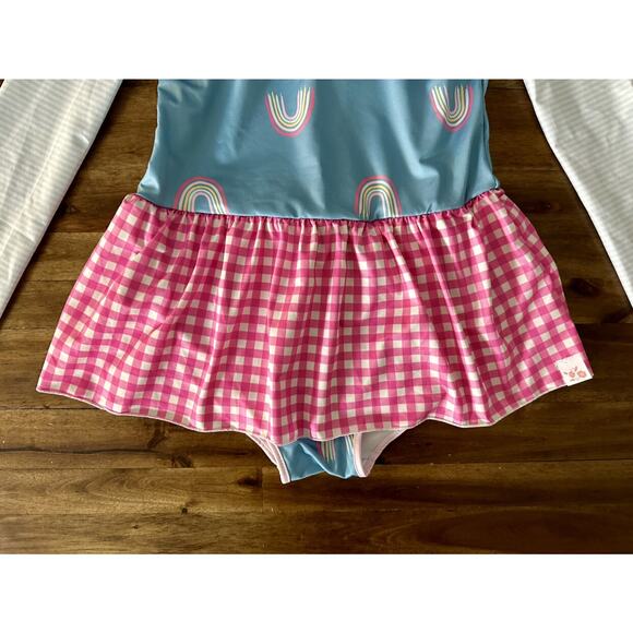 NWT SweetHoney Skirted Leotard Dusty Blue Rainbows Pink Gingham Long Sleeve 12 - Picture 4 of 6